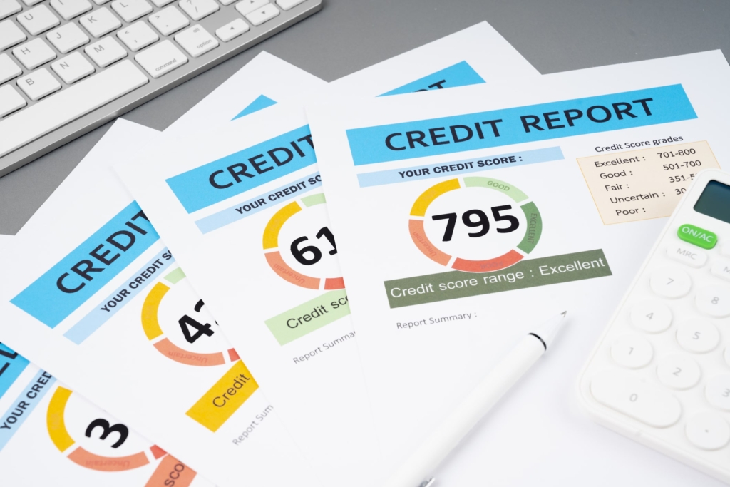 A series of credit reports ranging from good to poor scores. Soft credit checks don’t affect these reports, but hard credit checks can add up and drag your score down by a few points at a time.