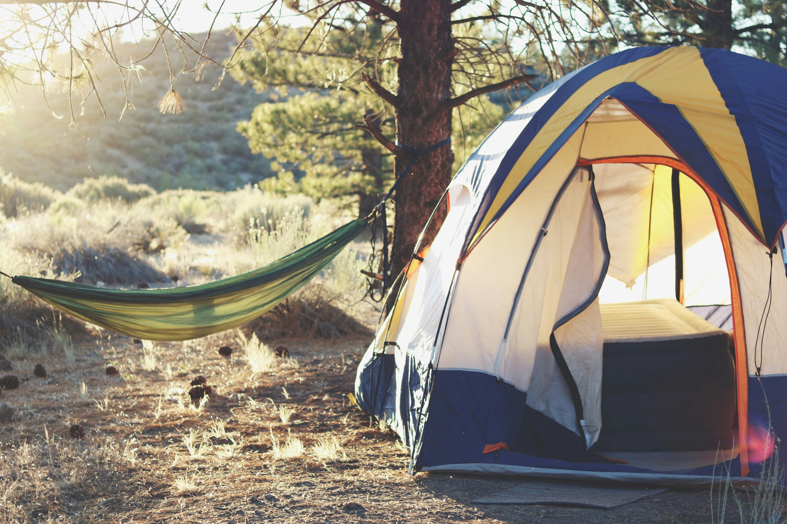 An outdoor camping setup with hammock and tent; a great summer vacation destination.